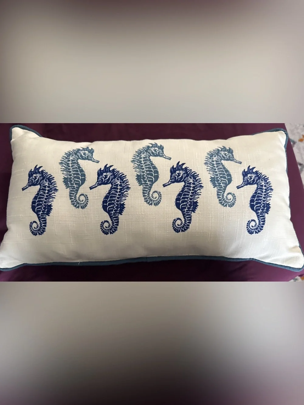 Coastal Seahorse Lumbar Pillow in Navy on Cream 19”x11”